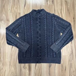 Carbon2Cobalt Mens L Blue Linen Cotton Cableknit Full Zip Sweater Coastal Chunky